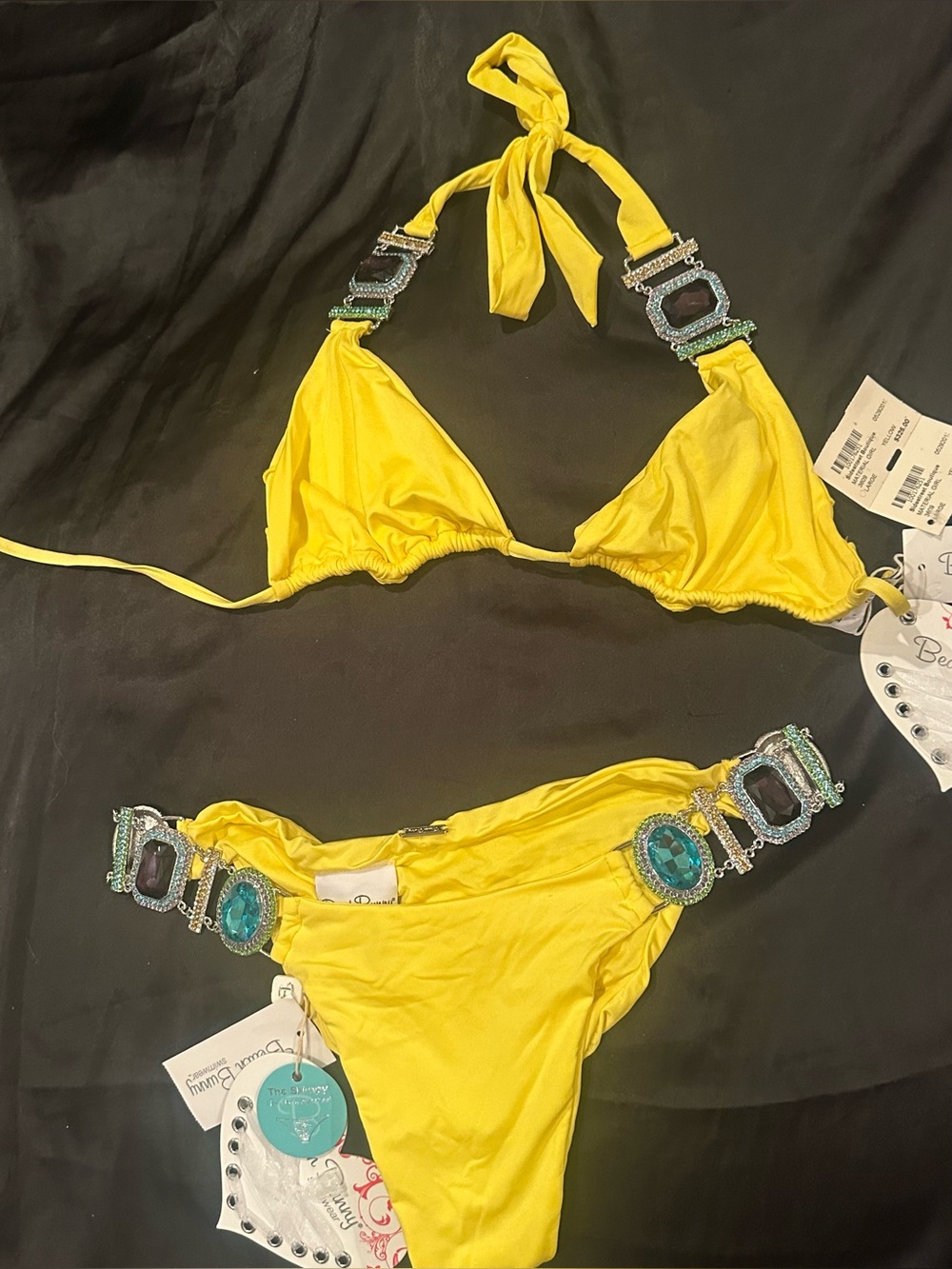 Beach Bunny “Material Girl” yellow jeweled bikini NWT large